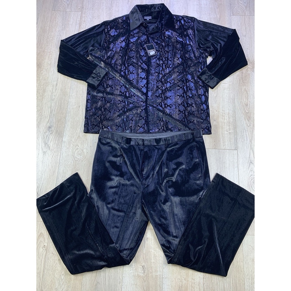 VTG Pronti Metallic Black Faux Velvet Suede Leisure Suit 3X Shirt 44/34 Pant Men